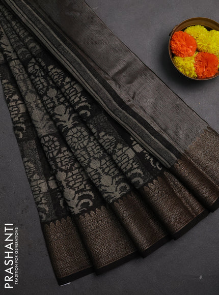 Chanderi silk cotton saree black with allover prints and banarasi style border