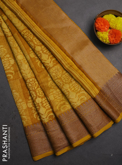 Chanderi silk cotton saree mustard yellow with allover prints and banarasi style border