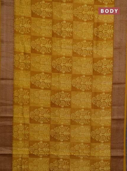 Chanderi silk cotton saree mustard yellow with allover prints and banarasi style border
