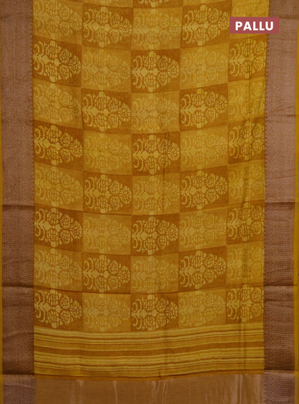 Chanderi silk cotton saree mustard yellow with allover prints and banarasi style border