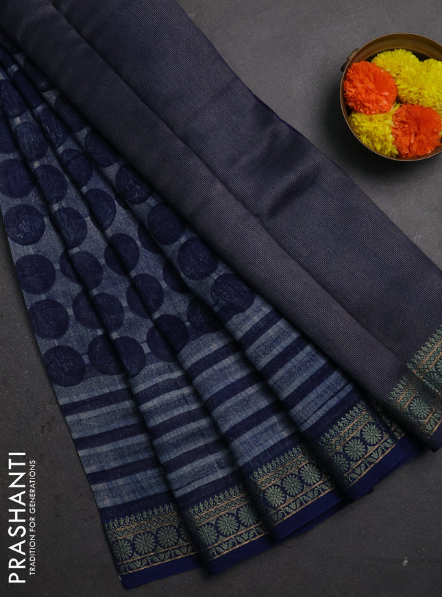 Chanderi silk cotton saree blue with allover geometric prints and thread woven border