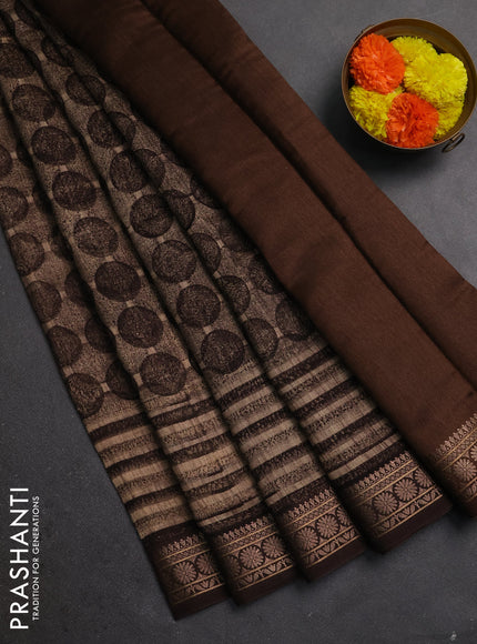 Chanderi silk cotton saree beige and brown with allover geometric prints and thread woven border