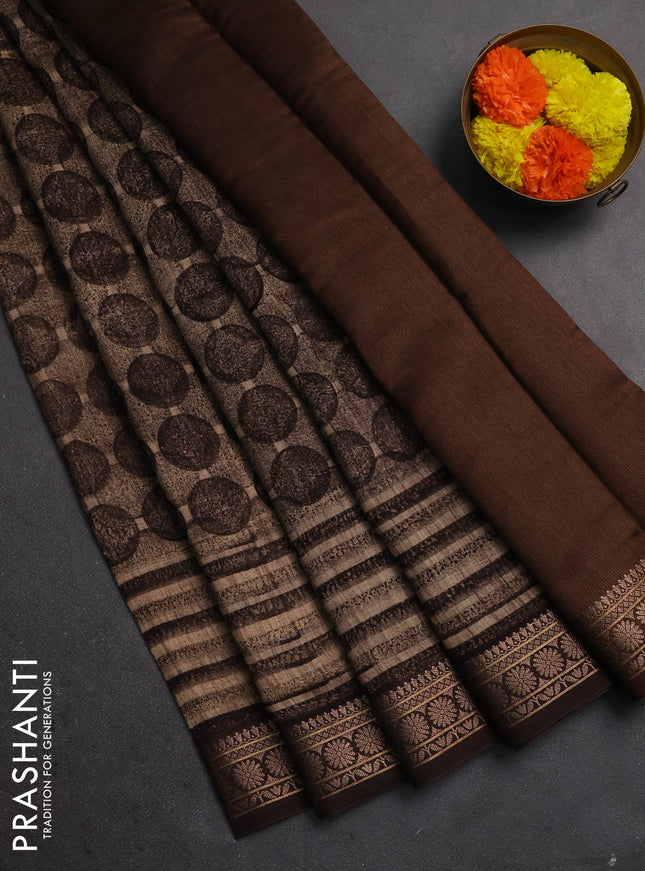 Chanderi silk cotton saree beige and brown with allover geometric prints and thread woven border