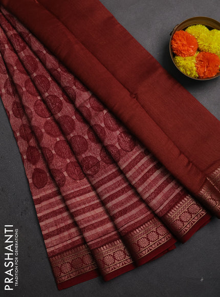 Chanderi silk cotton saree deep maroon with allover geometric prints and thread woven border