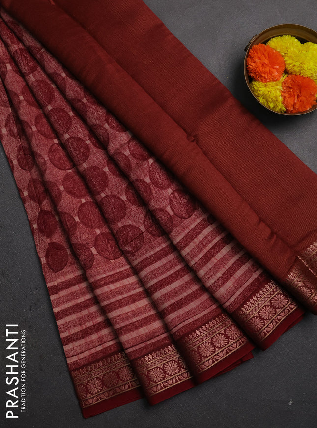Chanderi silk cotton saree deep maroon with allover geometric prints and thread woven border