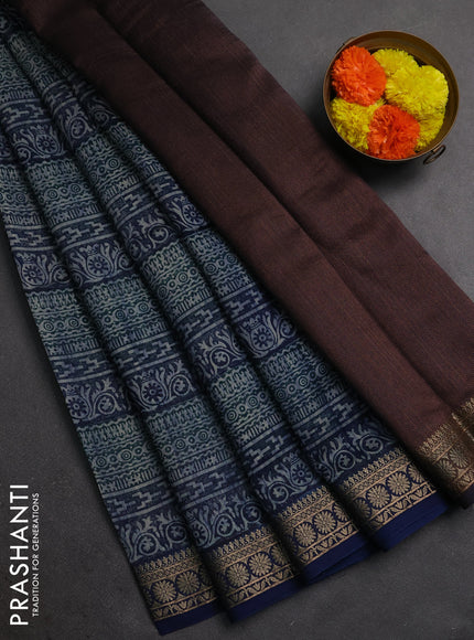 Chanderi silk cotton saree blue with allover prints and thread woven border