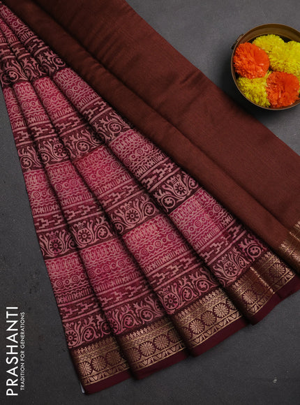 Chanderi silk cotton saree wine shade with allover prints and thread woven border