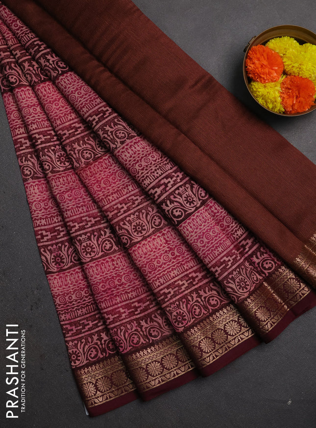 Chanderi silk cotton saree wine shade with allover prints and thread woven border