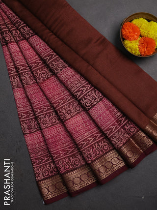Chanderi silk cotton saree wine shade with allover prints and thread woven border