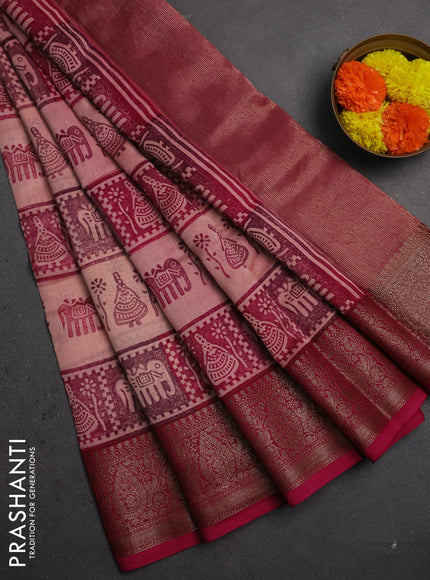 Chanderi silk cotton saree pastel pink and pink with allover prints and banarasi style border