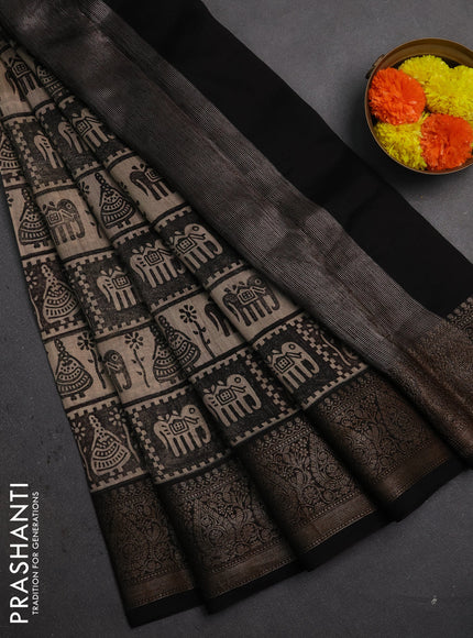 Chanderi silk cotton saree brown and coffee brown with allover prints and banarasi style border