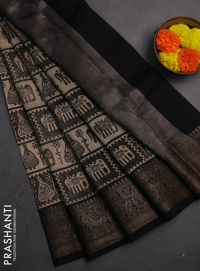 Chanderi silk cotton saree brown and coffee brown with allover prints and banarasi style border