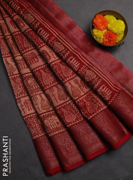 Chanderi silk cotton saree peach shade and red with allover prints and banarasi style border