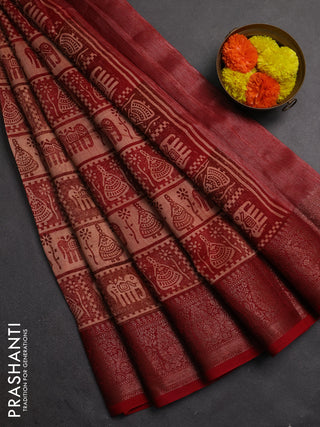 Chanderi silk cotton saree peach shade and red with allover prints and banarasi style border