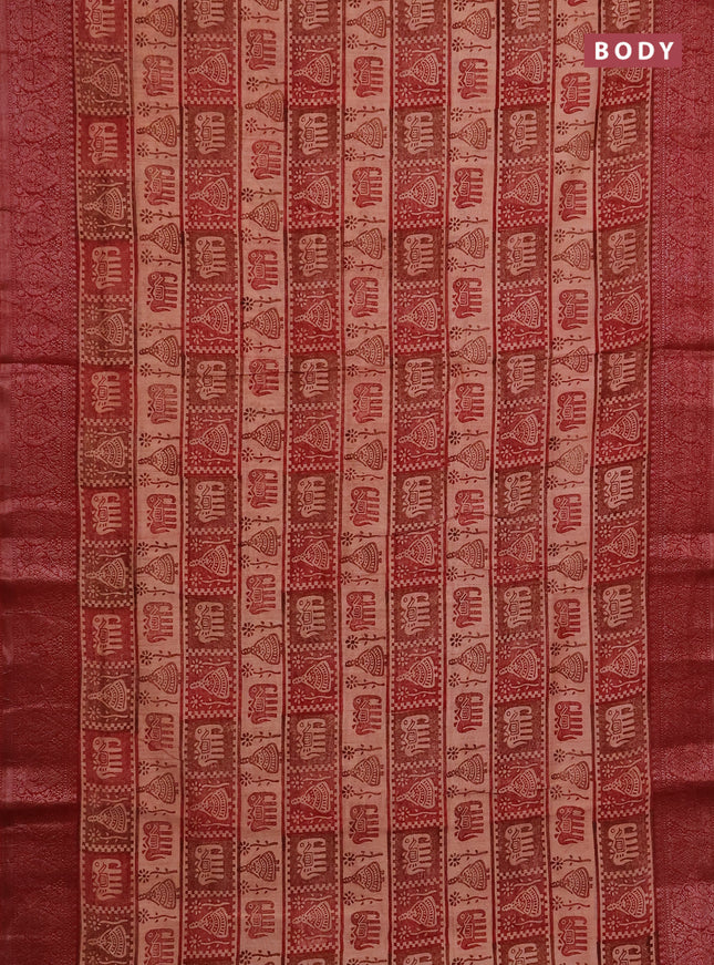 Chanderi silk cotton saree peach shade and red with allover prints and banarasi style border
