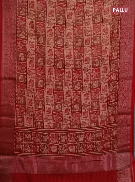 Chanderi silk cotton saree peach shade and red with allover prints and banarasi style border