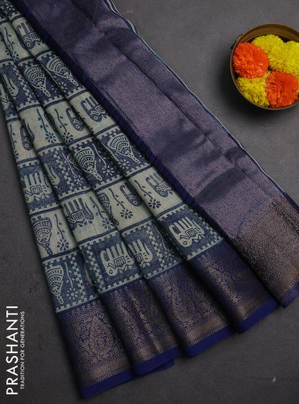 Chanderi silk cotton saree blue with allover prints and banarasi style border