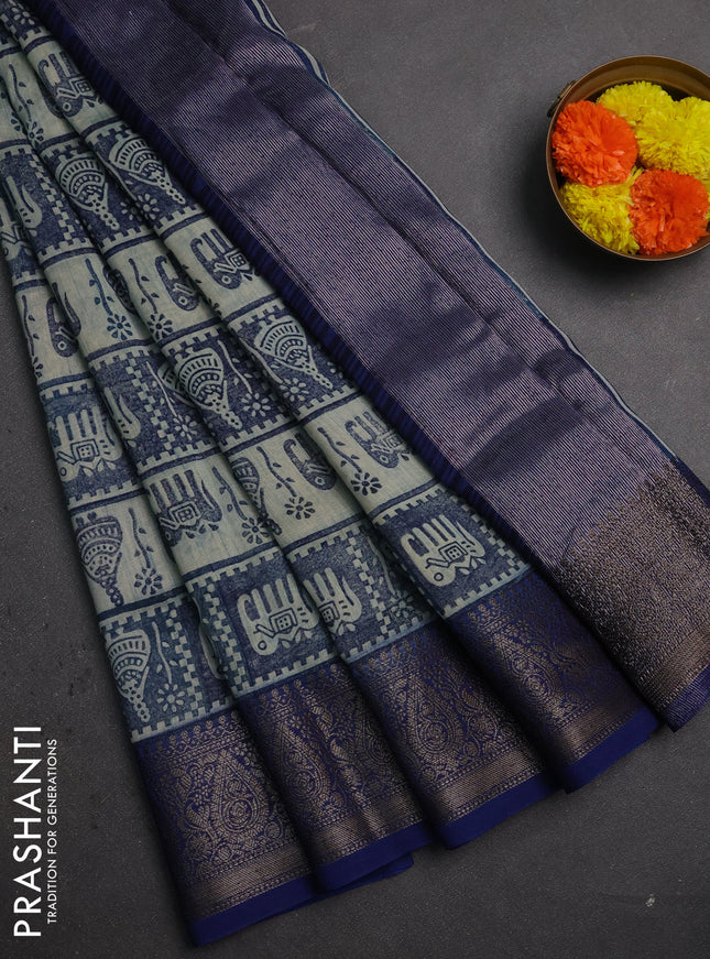 Chanderi silk cotton saree blue with allover prints and banarasi style border