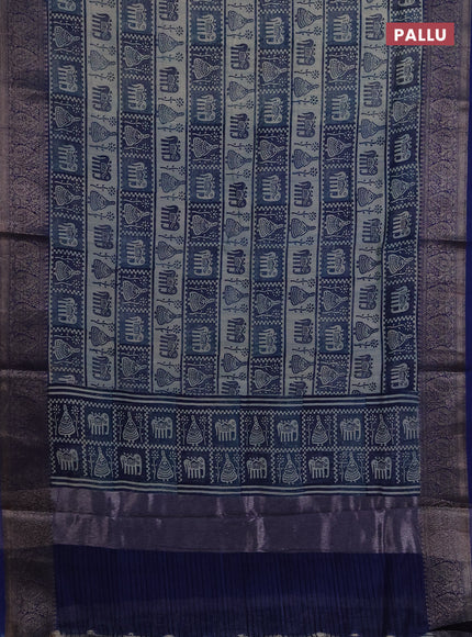Chanderi silk cotton saree blue with allover prints and banarasi style border