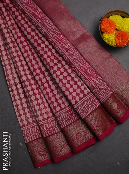 Chanderi silk cotton saree wine shade with allover prints and banarasi style border