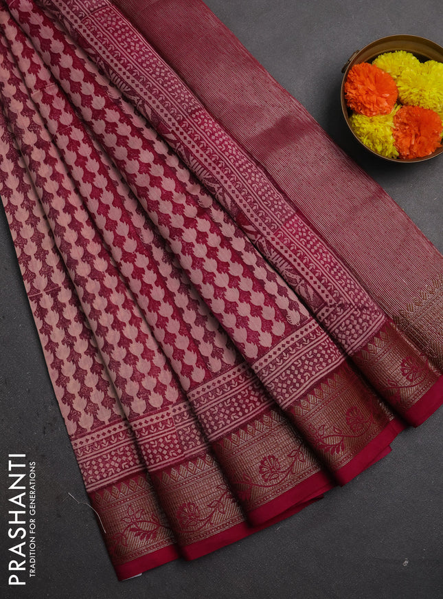 Chanderi silk cotton saree wine shade with allover prints and banarasi style border