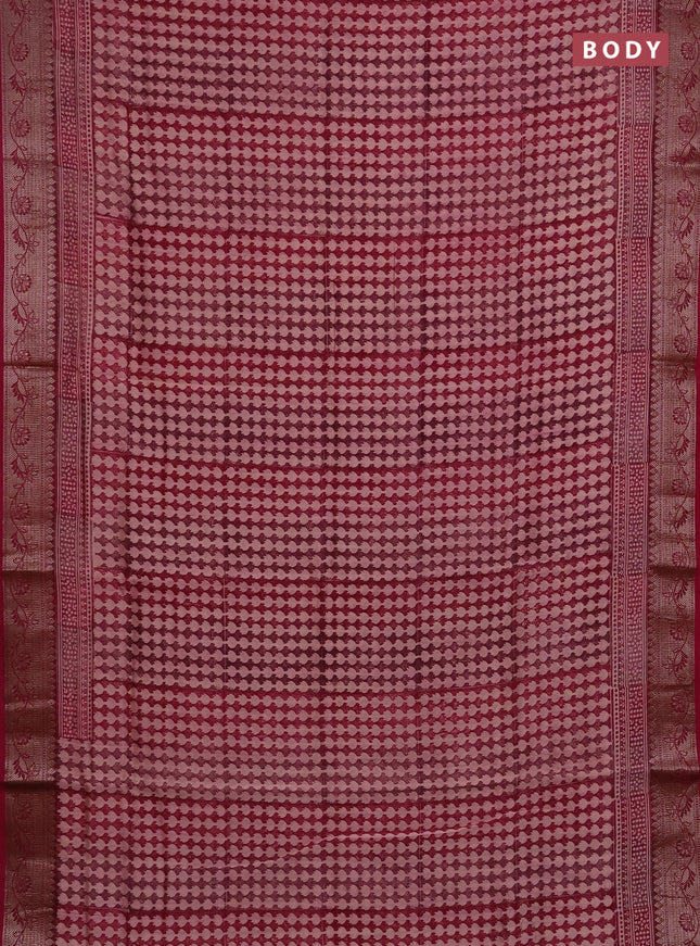Chanderi silk cotton saree wine shade with allover prints and banarasi style border