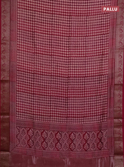 Chanderi silk cotton saree wine shade with allover prints and banarasi style border