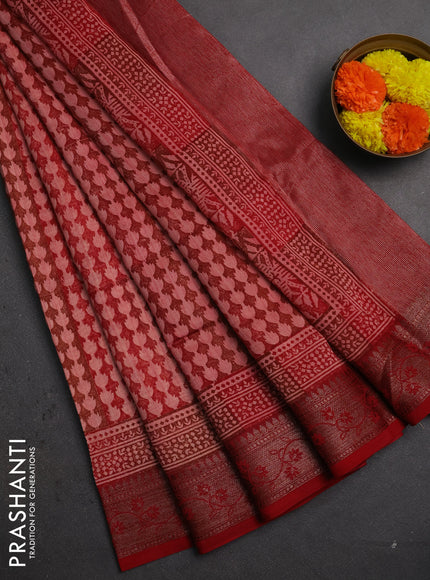 Chanderi silk cotton saree maroon with allover prints and banarasi style border