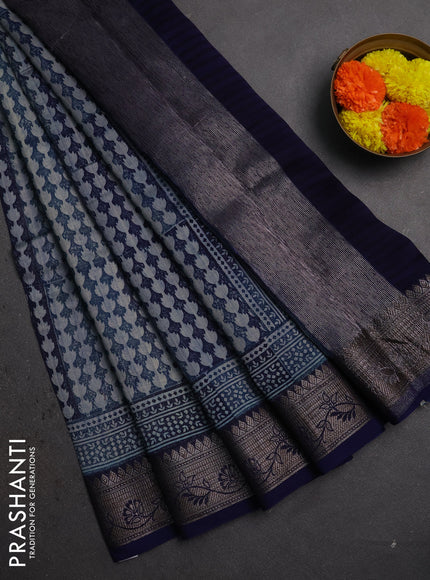 Chanderi silk cotton saree blue with allover prints and banarasi style border