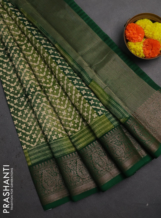 Chanderi silk cotton saree green with allover prints and banarasi style border