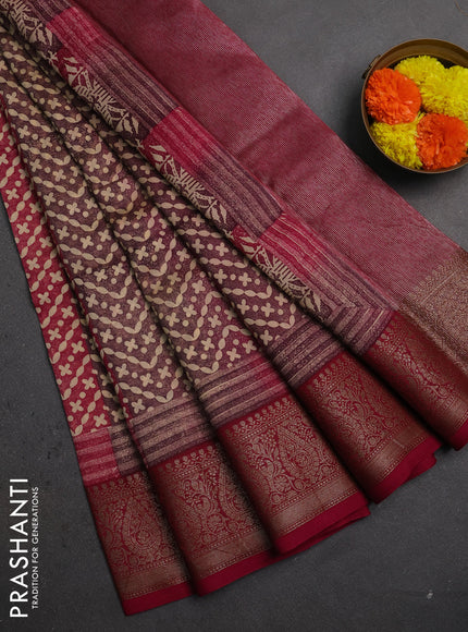Chanderi silk cotton saree wine shade with allover prints and banarasi style border