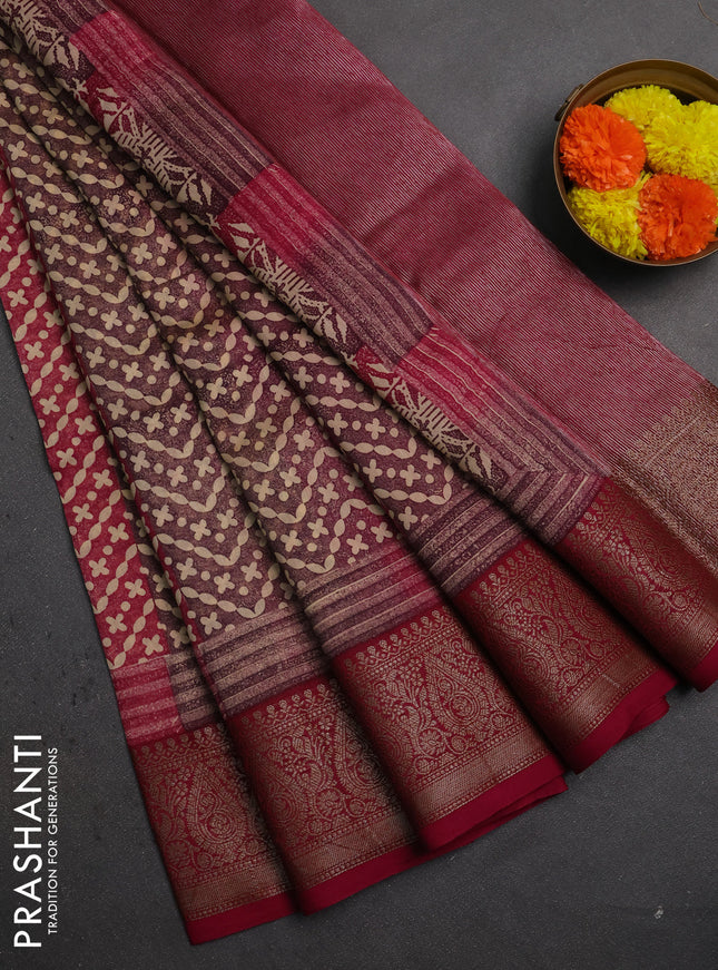 Chanderi silk cotton saree wine shade with allover prints and banarasi style border