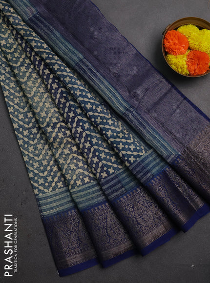Chanderi silk cotton saree blue and dark blue with allover prints and banarasi style border