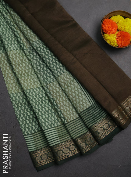 Chanderi silk cotton saree green and bottle green with allover paisley prints and thread woven border