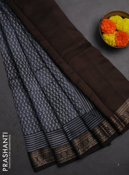 Chanderi silk cotton saree grey and black with allover paisley prints and thread woven border