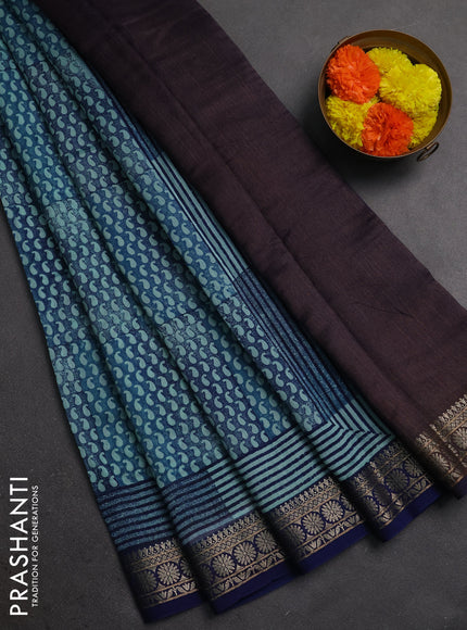 Chanderi silk cotton saree teal blue and navy blue with allover paisley prints and thread woven border