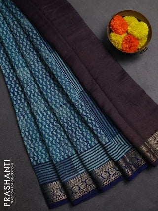 Chanderi silk cotton saree teal blue and navy blue with allover paisley prints and thread woven border