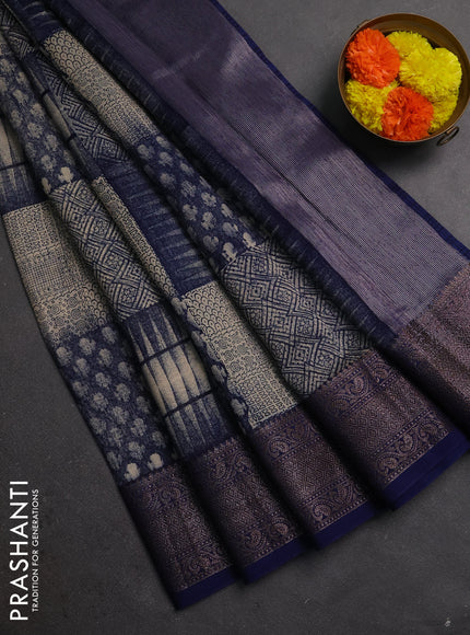 Chanderi silk cotton saree beige and navy blue with allover prints and banarasi style border