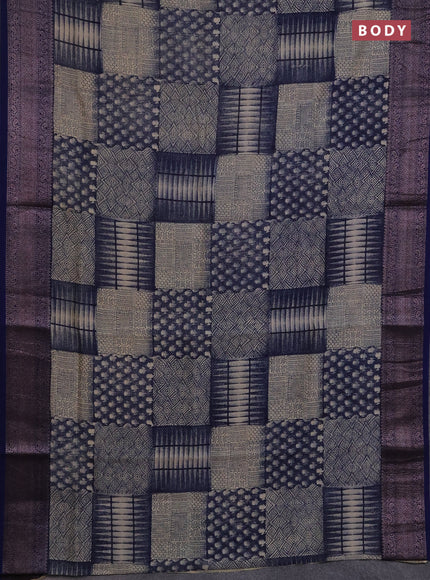 Chanderi silk cotton saree beige and navy blue with allover prints and banarasi style border