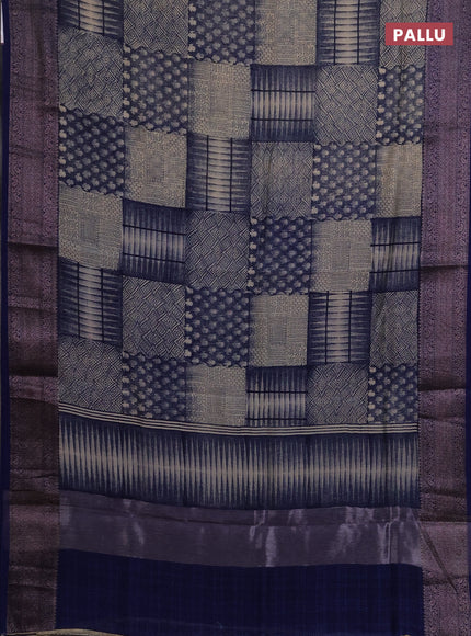 Chanderi silk cotton saree beige and navy blue with allover prints and banarasi style border