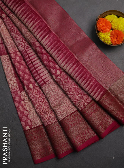 Chanderi silk cotton saree wine shade with allover prints and banarasi style border