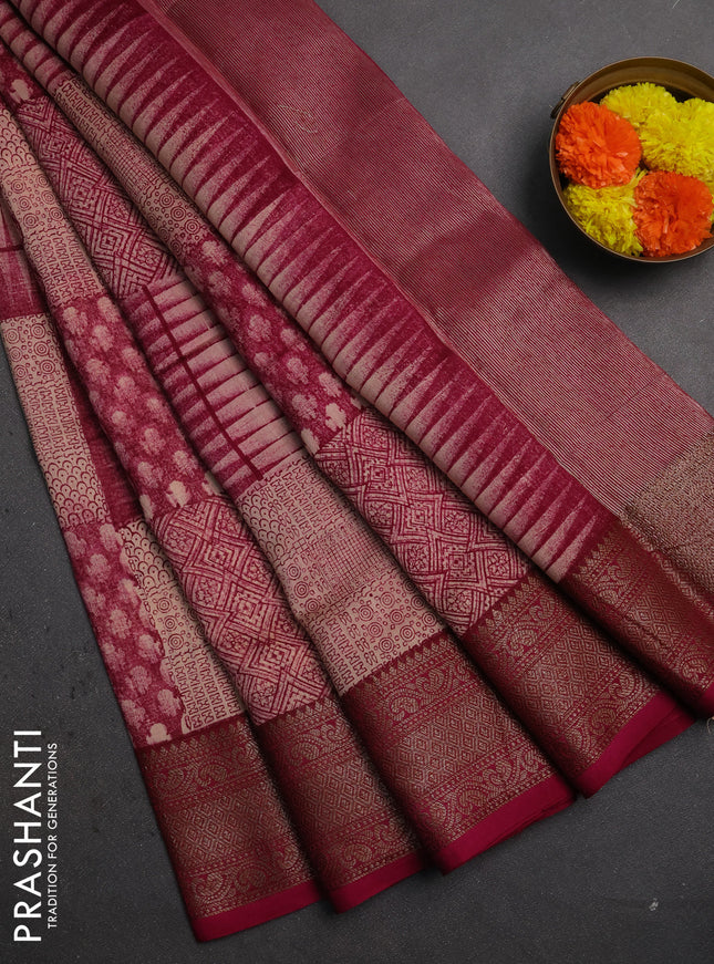 Chanderi silk cotton saree wine shade with allover prints and banarasi style border