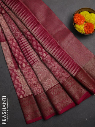 Chanderi silk cotton saree wine shade with allover prints and banarasi style border