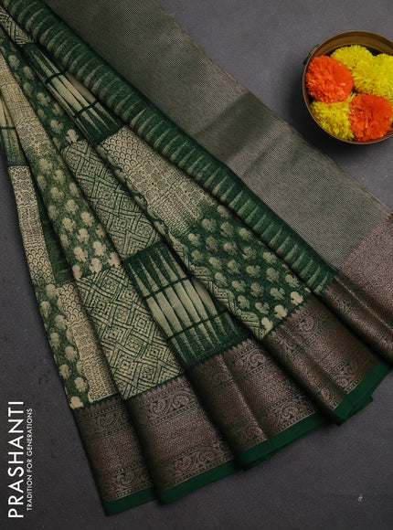 Chanderi silk cotton saree green with allover prints and banarasi style border