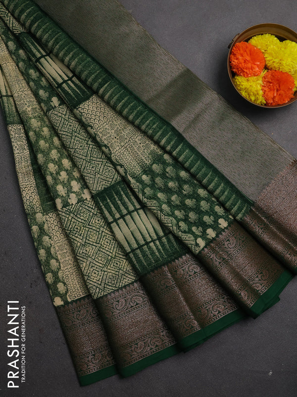 Chanderi silk cotton saree green with allover prints and banarasi style border