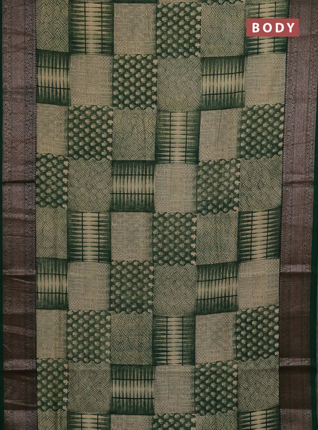 Chanderi silk cotton saree green with allover prints and banarasi style border