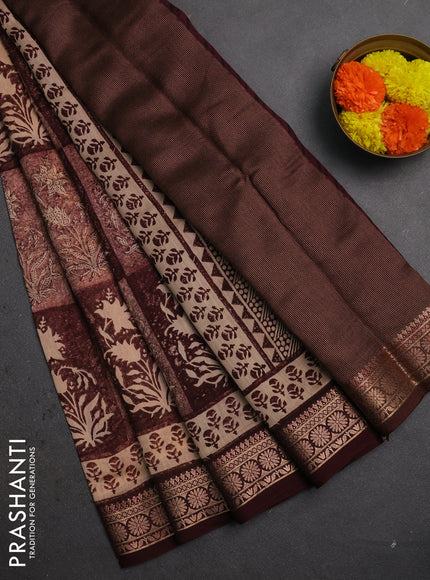Chanderi silk cotton saree deep maroon with allover prints and banarasi style border