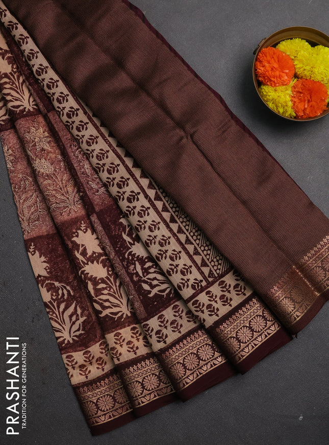 Chanderi silk cotton saree deep maroon with allover prints and banarasi style border