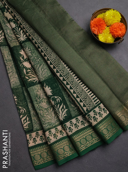 Chanderi silk cotton saree peach shade and green with allover prints and thread woven border