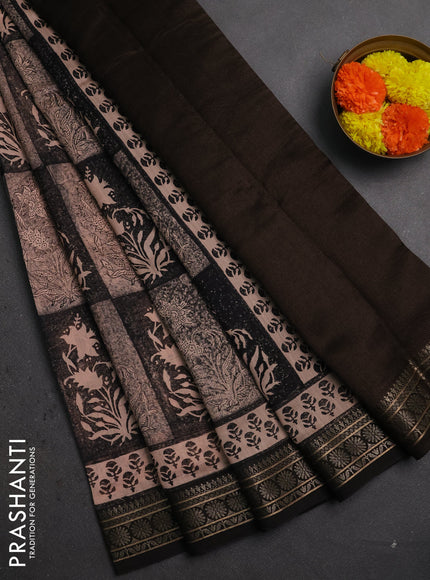 Chanderi silk cotton saree peach shade and black with allover prints and thread woven border